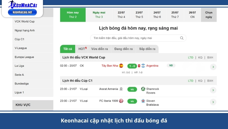 Keonhacai cập nhật lịch thi đấu bóng đá